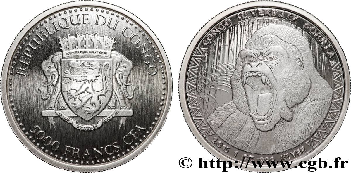 SILVER INVESTMENT 5000 Francs Proof Gorille 2015  MS 