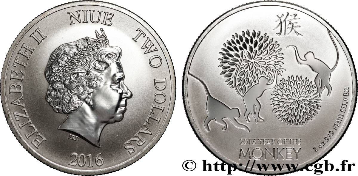 SILVER INVESTMENT 2 Dollars Proof Année du singe 2016  MS 