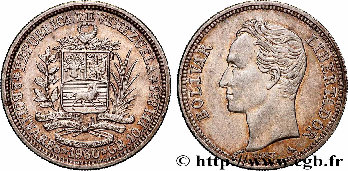 VENEZUELA 2 Bolivares Simon Bolivar 1960 Paris TTB+ 