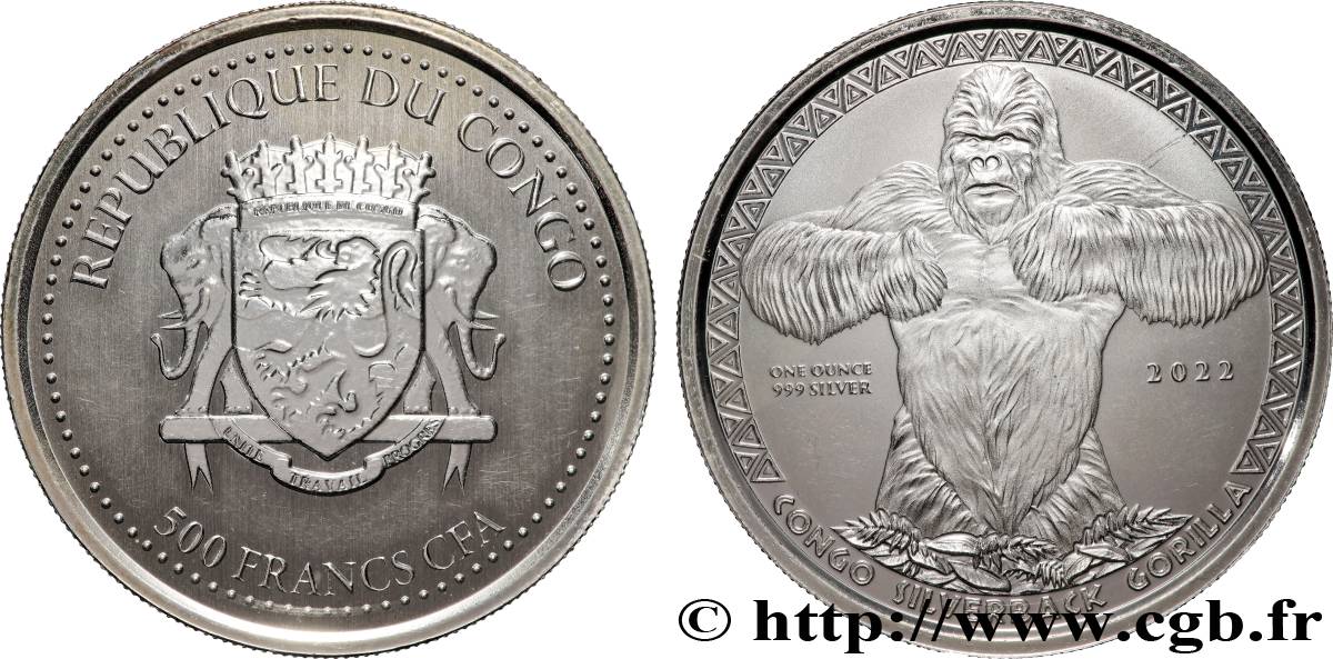 SILVER INVESTMENT 1 Oz - 500 Francs Gorille 2022  MS 