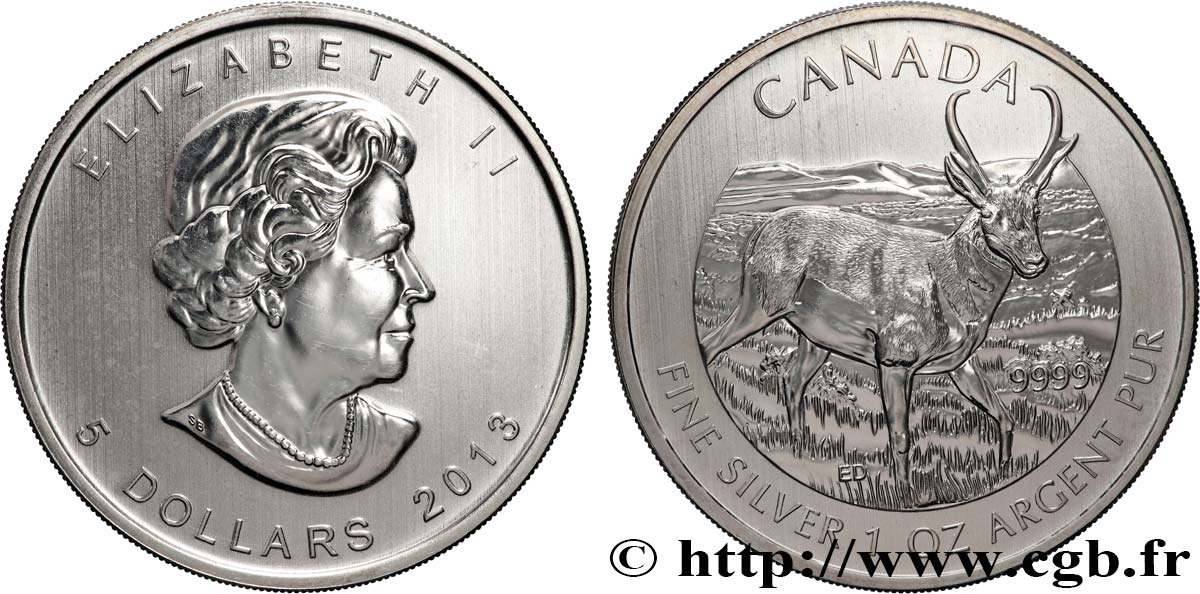 SILVER INVESTMENT 1 Oz - 5 Dollars Proof Elisabeth II / Antilocapre 2013  MS 