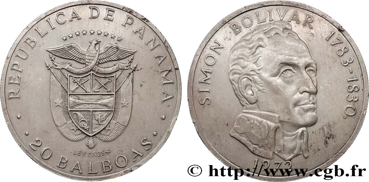 ARGENTO INVESTIMENTO 20 Balboas Simon Bolivar 1974  MS 