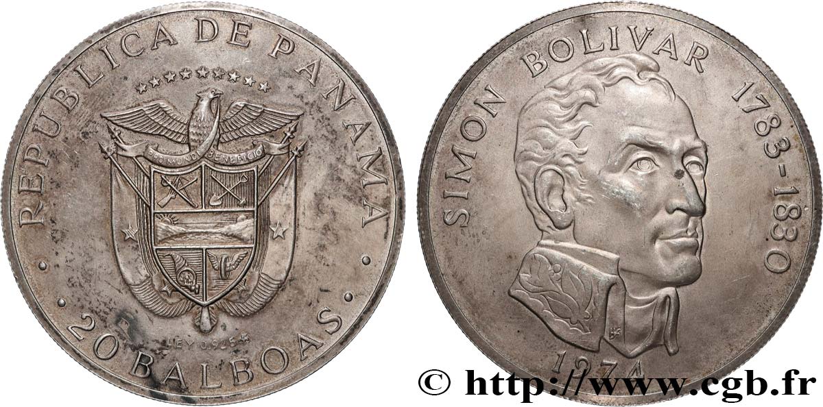 ARGENTO INVESTIMENTO 20 Balboas Simon Bolivar 1974  MS 