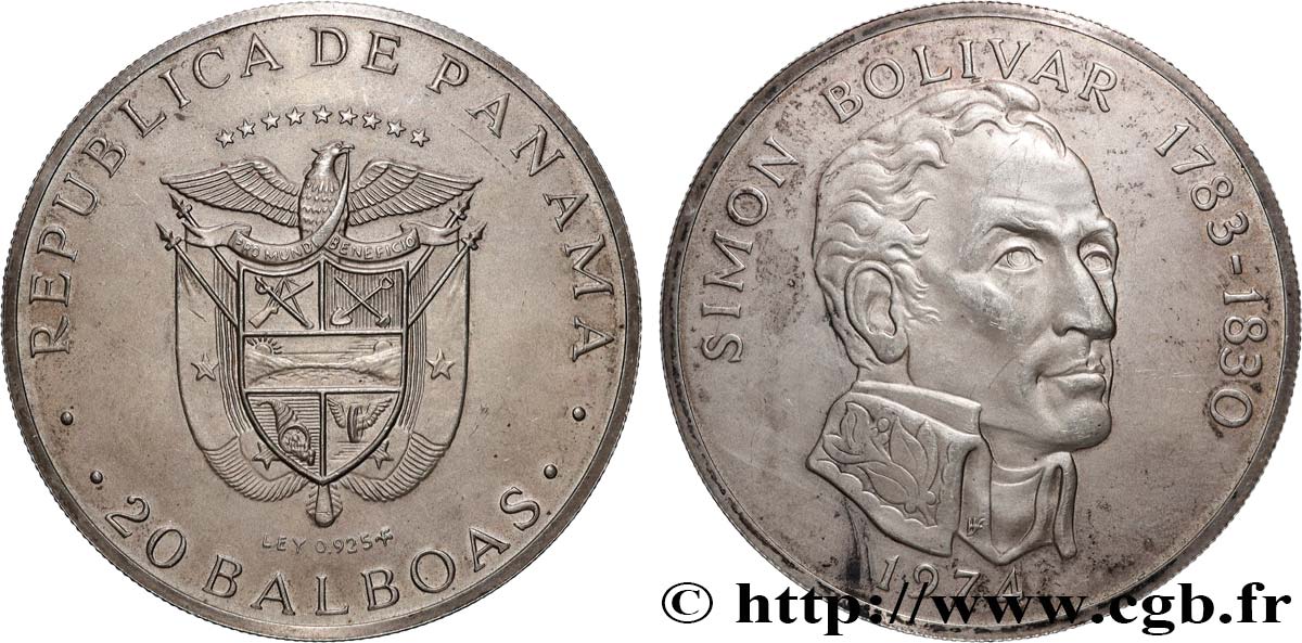 SILVER INVESTMENT 20 Balboas Simon Bolivar 1974  MS 