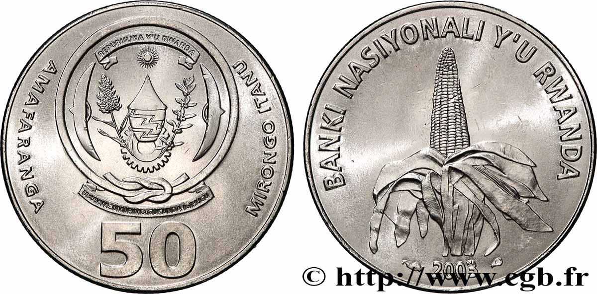 RUANDA 50 Francs emblème / épis de mais 2003  MS 