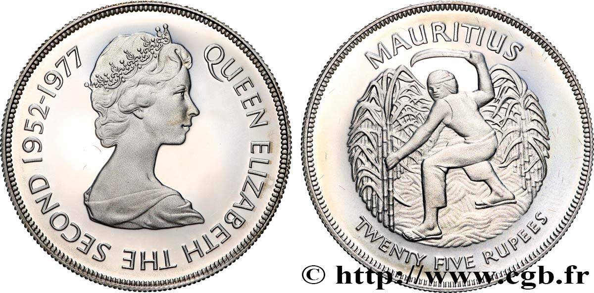 MAURITIUS 25 Rupees (Roupies) Proof Élisabeth II 1977  MS 