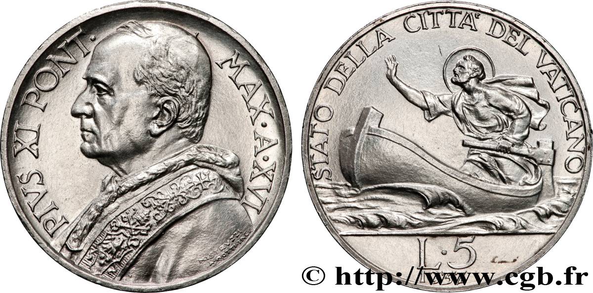VATICAN AND PAPAL STATES 5 Lire Pie XI an XVI 1937 Rome AU 