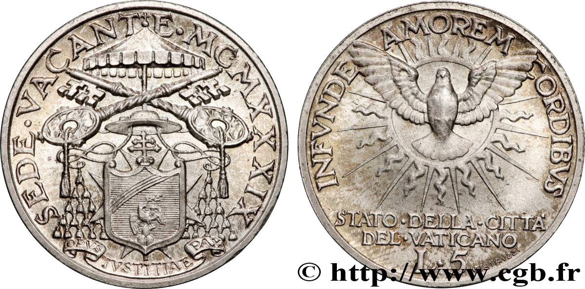 VATICAN ET ÉTATS PONTIFICAUX 5 Lire Sede Vacante 1939 Rome SPL 