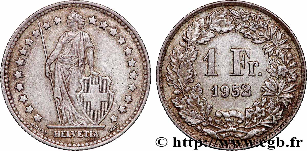 SUISSE 1 Franc Helvetia 1952 Berne TTB+ 
