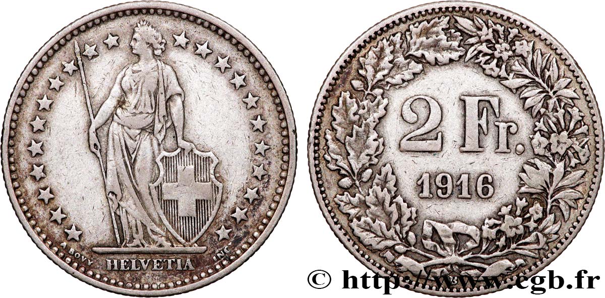 SUISSE 2 Francs Helvetia 1916 Berne - B TTB 