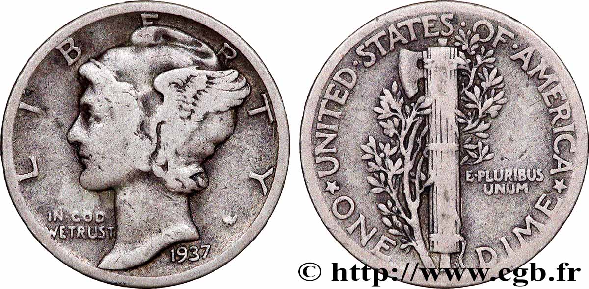 UNITED STATES OF AMERICA 1 Dime Mercury 1937 Philadelphie VF 