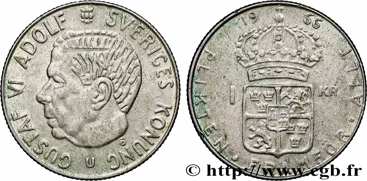 SWEDEN 1 Krona Gustave VI 1966  XF 