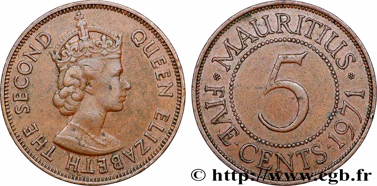 MAURITIUS 5 Cents Elisabeth II 1971 Llantrisant XF 