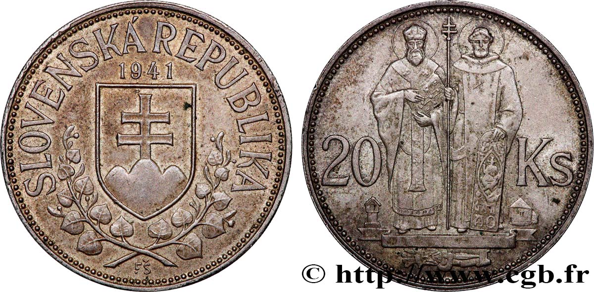 SLOVAKIA 20 Korun St Cyril et St Méthode variété avec croix à simple barre 1941  AU 