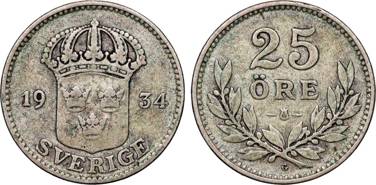 SUECIA 25 Ore Gustave V 1934 Kungsholmen BC+ 