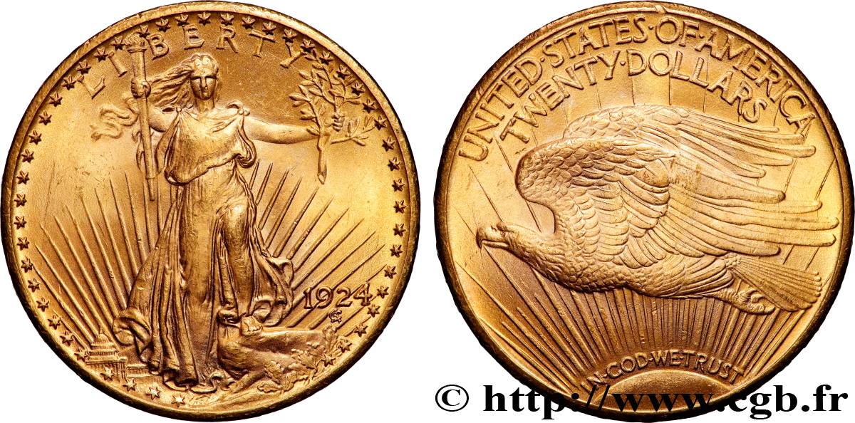 OR, PALLADIUM ET PLATINE INVESTISSEMENT 20 Dollars  Saint-Gaudens” 1924 Philadelphie TTB+ 