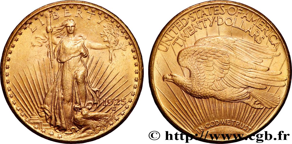 OR, PALLADIUM ET PLATINE INVESTISSEMENT 20 Dollars  Saint-Gaudens” 1925 Philadelphie TTB+ 