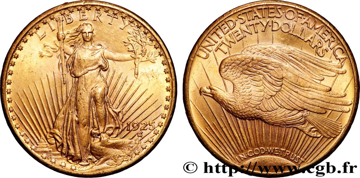 GOLD, PALLADIUM & PLATINUM INVESTMENT 20 Dollars  Saint-Gaudens” 1925 Philadelphie AU 
