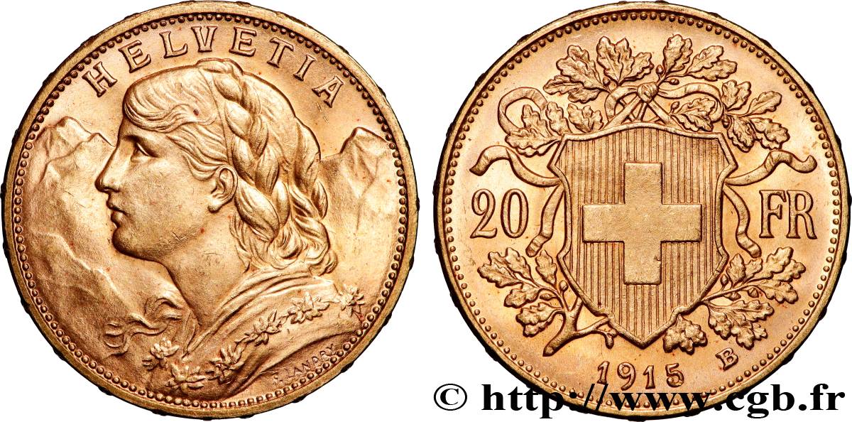 GOLD, PALLADIUM & PLATINUM INVESTMENT 20 Francs  Vreneli   1915 Berne AU 