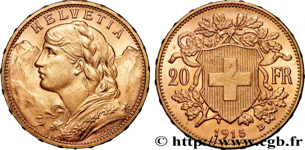 GOLD, PALLADIUM & PLATINUM INVESTMENT 20 Francs  Vreneli   1915 Berne AU 