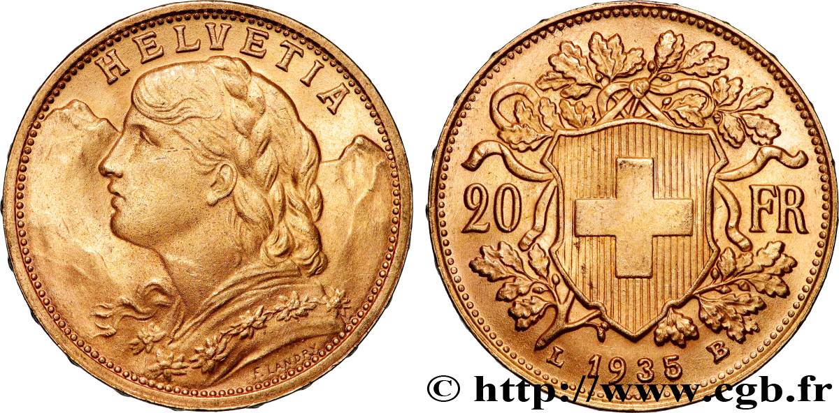 GOLD, PALLADIUM & PLATINUM INVESTMENT 20 Francs  Vreneli  1935 Berne AU 