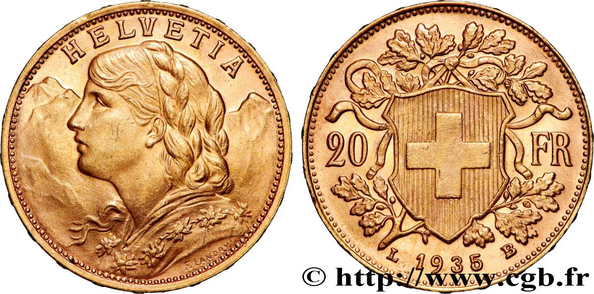 GOLD, PALLADIUM & PLATINUM INVESTMENT 20 Francs  Vreneli  1935 Berne AU 