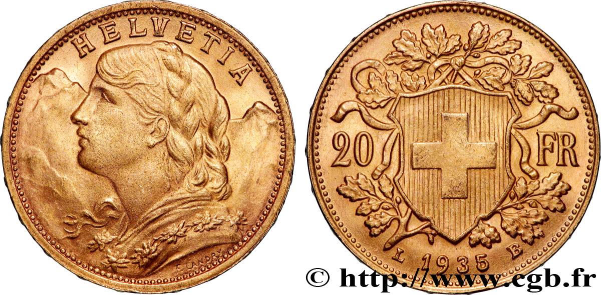 GOLD, PALLADIUM & PLATINUM INVESTMENT 20 Francs  Vreneli  1935 Berne AU 