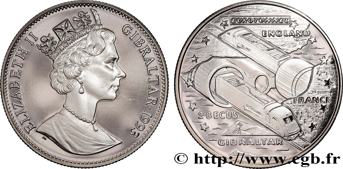 GIBRALTAR 2,8 Ecus Proof Elisabeth II / tunnel sous la Manche 1993  fST 