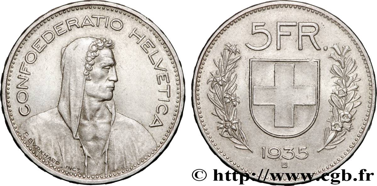 SWITZERLAND 5 Francs Berger des Alpes 1935 Berne XF 