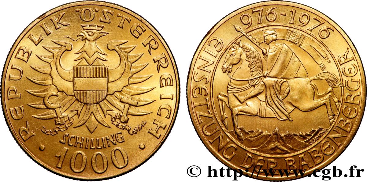 OR, PALLADIUM ET PLATINE INVESTISSEMENT 1000 Schilling or, millénaire de la Maison de Babenberg 1976 Vienne SPL 