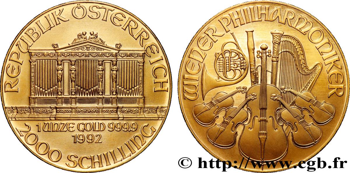 OR, PALLADIUM ET PLATINE INVESTISSEMENT 1 Oz - 2000 Schilling LE PHILARMONIQUE DE VIENNE 1992 Vienne SPL 