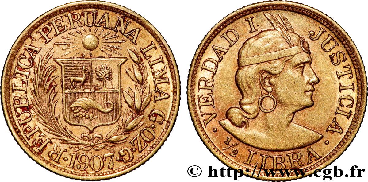 PERU 1/2 Libra or emblème / indien 1907 Lima AU 