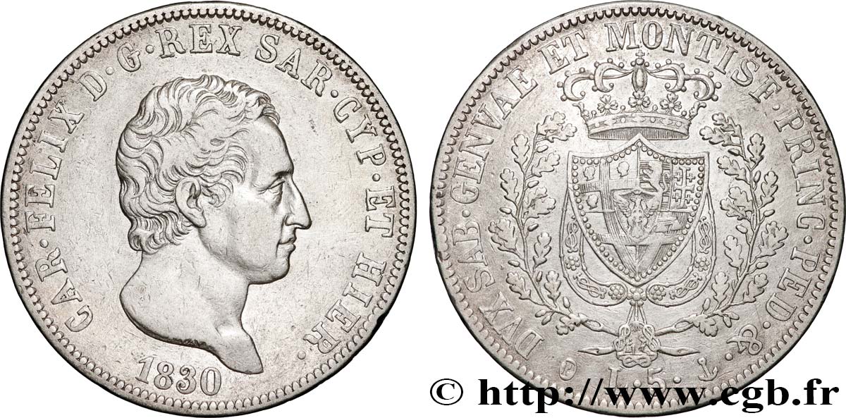 ITALY - KINGDOM OF SARDINIA 5 Lire Charles Félix 1830 Gênes XF 