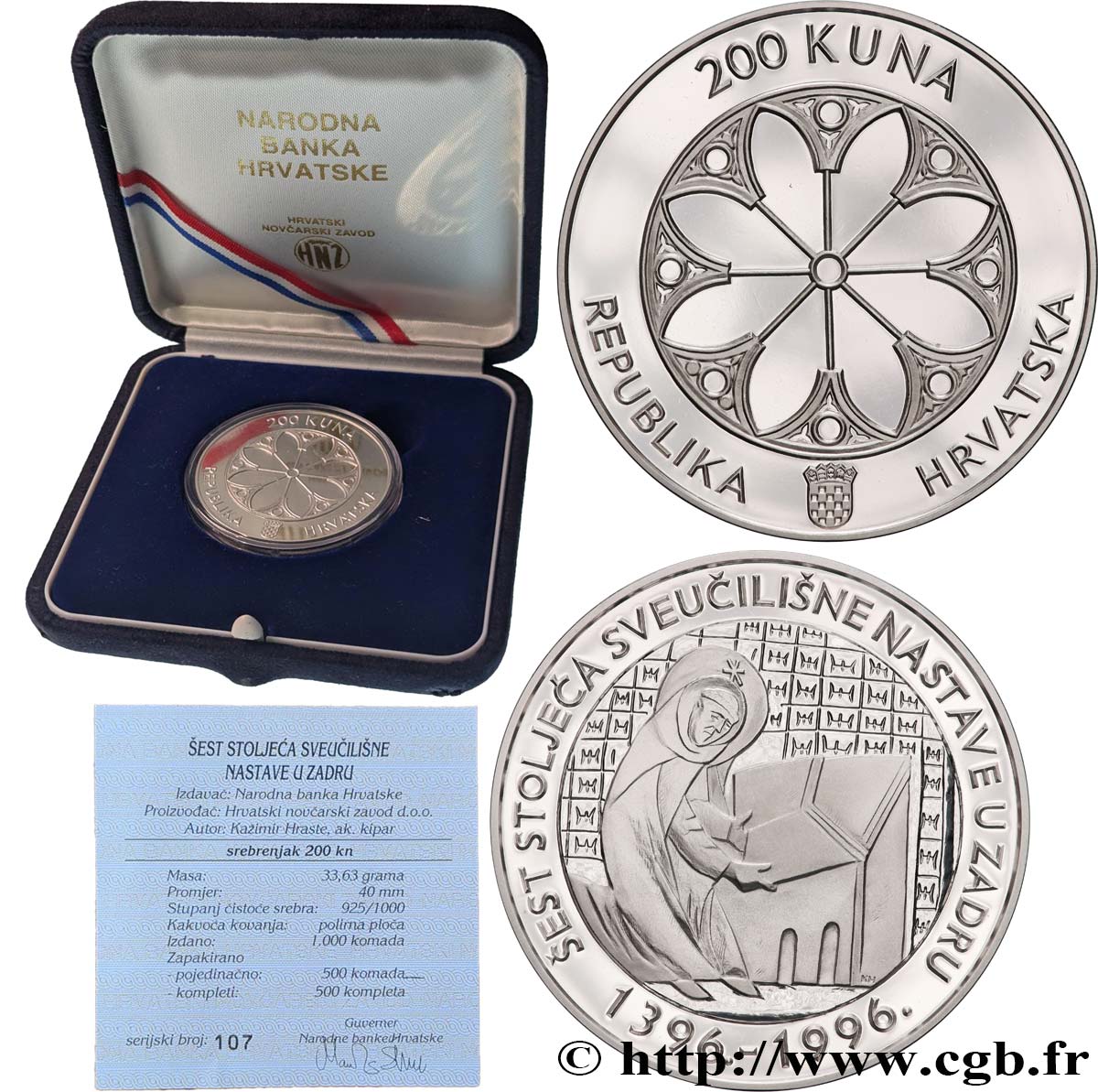 CROACIA 200 Kuna Proof 600e anniversaire Université de Zadar 1996  FDC 