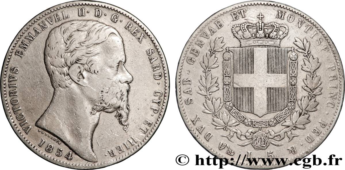 ITALIE - ROYAUME DE SARDAIGNE 5 Lire Victor Emmanuel II 1854 Gênes TB+/TTB 