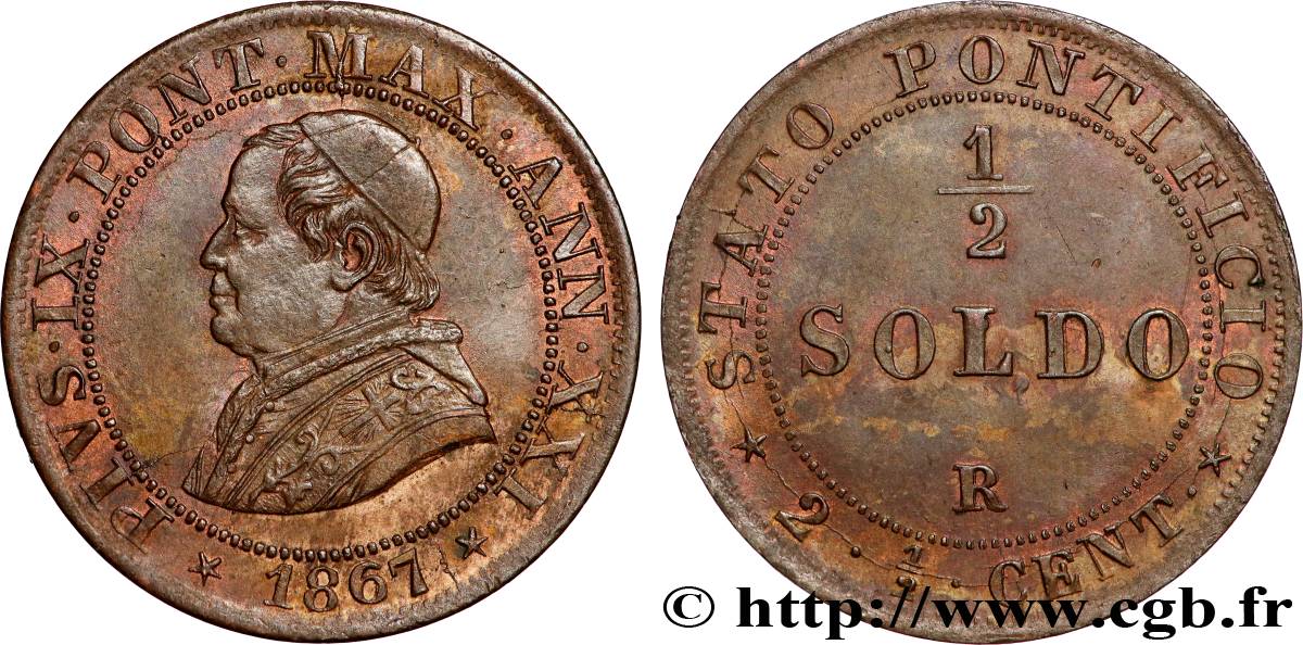 VATICANO Y ESTADOS PONTIFICIOS 1/2 Soldo (2 1/2 centesimi) Pie IX an XXI 1867 Rome MBC+ 