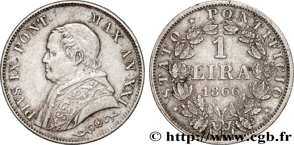 VATICAN AND PAPAL STATES 1 Lira Pie IX type petit buste an XXI 1866 Rome XF 