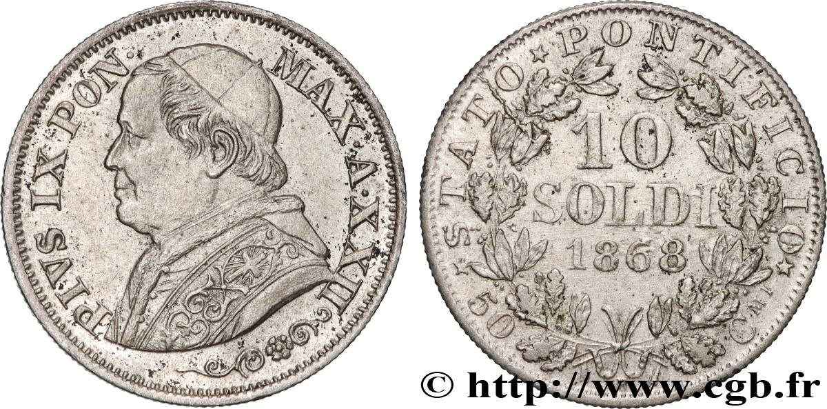 VATICAN AND PAPAL STATES 10 Soldi (50 Centesimi) Pie IX an XXII 1868 Rome AU 