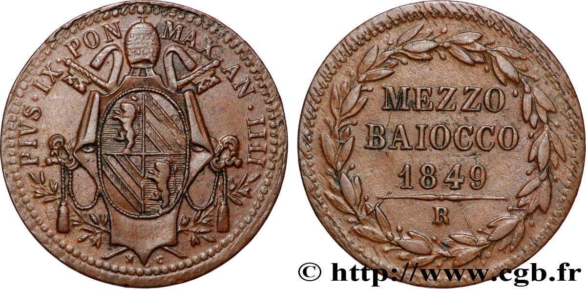 ITALIA - ESTADOS PONTIFICOS - PIE IX (Giovanni Maria Mastai Ferrettii) 1/2 (Mezzo) Baiocco an IIII 1849 Rome MBC+ 