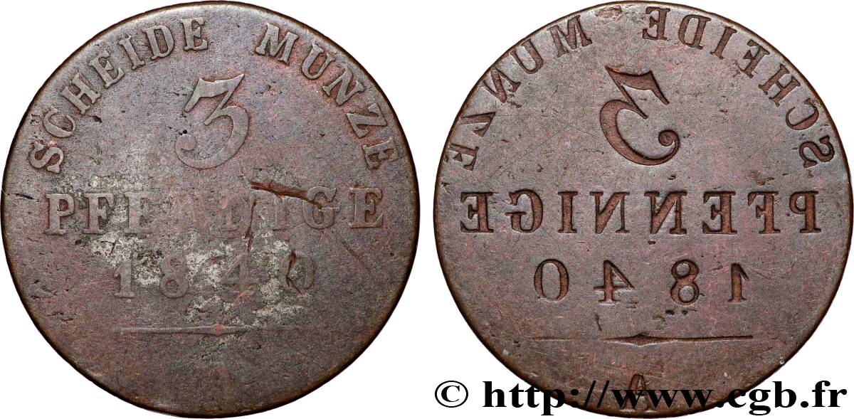 ALEMANIA - PRUSIA 3 Pfenninge, frappe incuse 1840 Berlin BC 