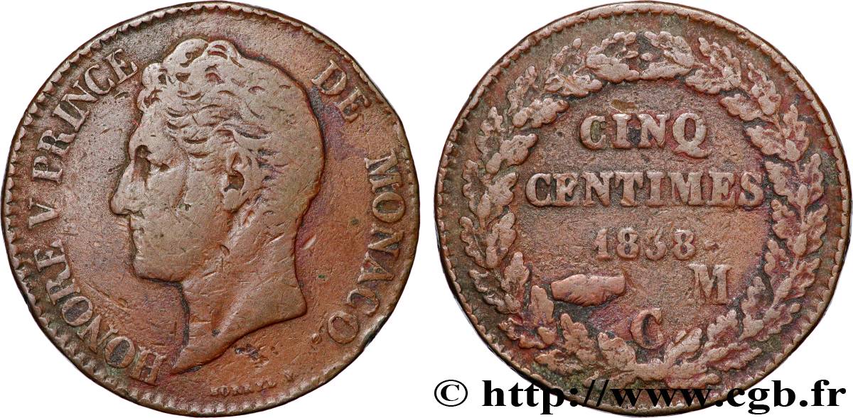 MONACO - HONORÉ V 5 Centimes en cuivre rouge 1838 Monaco BC+ 