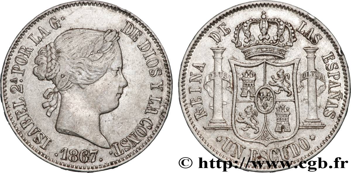 ESPAGNE 1 Escudo Isabelle II / écu couronné 1867 Madrid TTB 