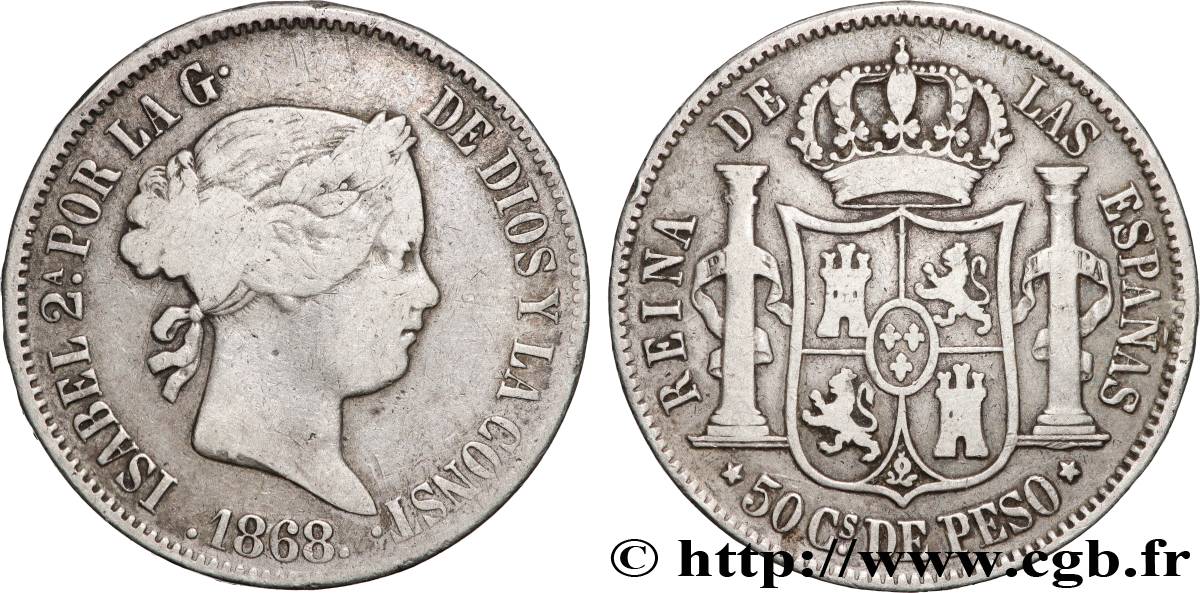 ESPAGNE 1 Escudo Isabelle II / écu couronné 1868 Madrid TB+ 