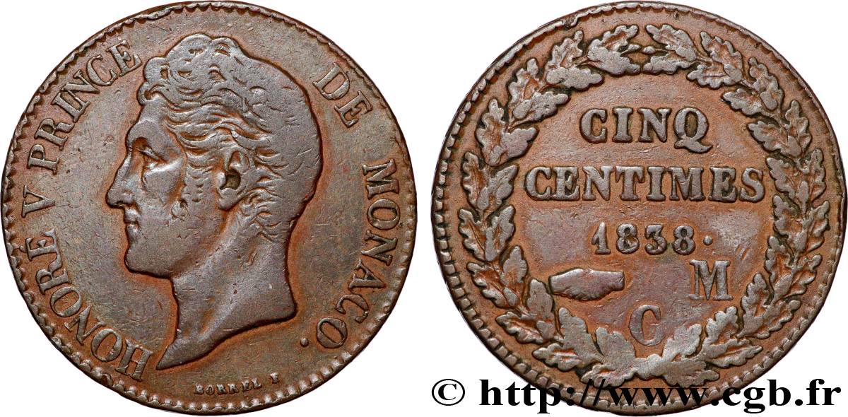 MONACO - PRINCIPAUTÉ DE MONACO - HONORÉ V 5 Centimes en cuivre rouge 1838 Monaco TTB 