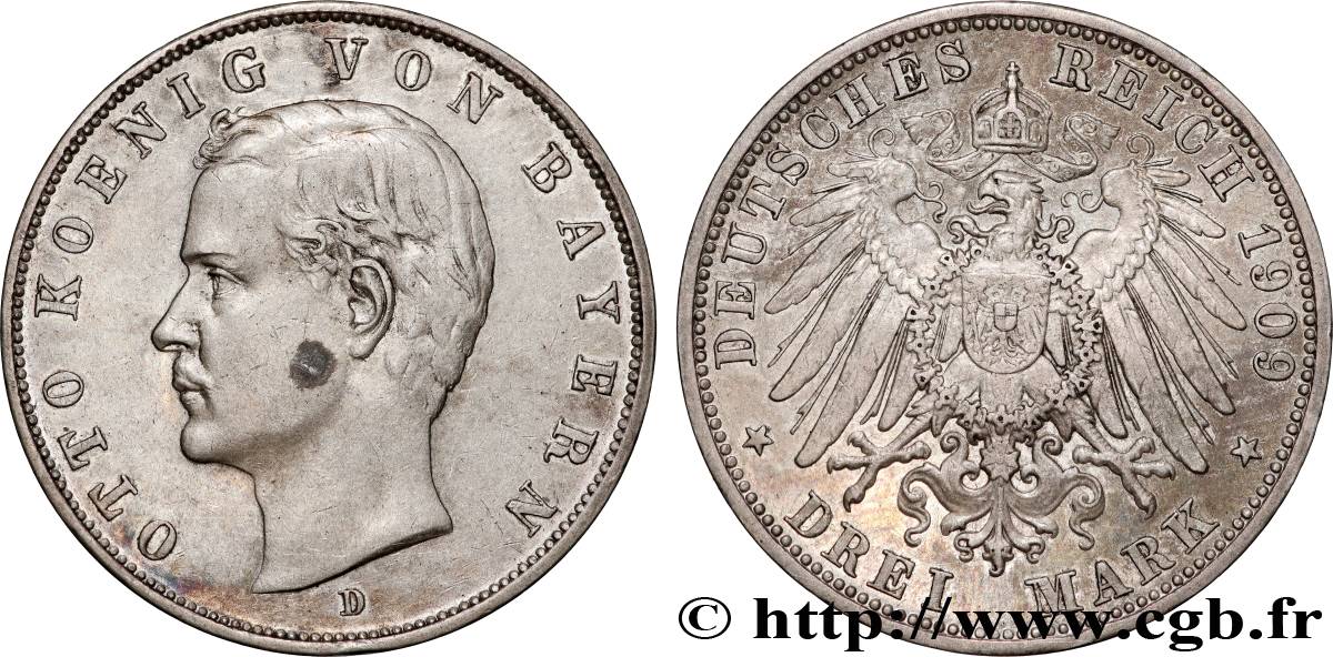 GERMANY - BAVARIA 3 Mark Othon Ier 1909 Munich XF/AU 