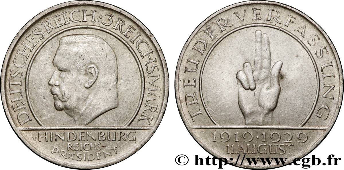 ALLEMAGNE 3 Reichsmark 10e anniversaire de la République  1929 Berlin TTB 