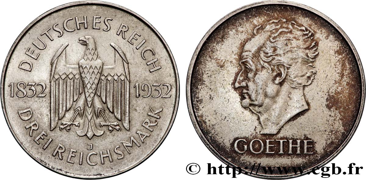 ALLEMAGNE 3 Reichsmark aigle héraldique / Goethe 1932 Hambourg TTB 