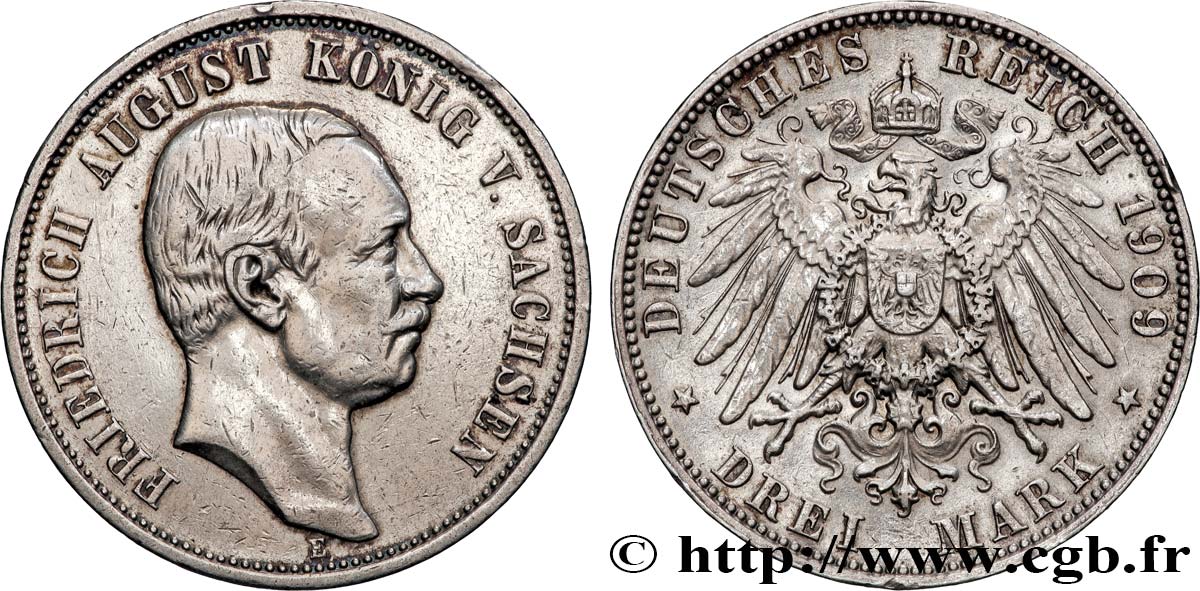 GERMANY - SAXONY 3 Mark Frédéric Auguste roi de Saxe 1909 Muldenhütten - E XF 