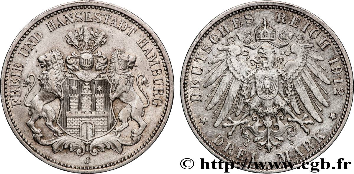 ALLEMAGNE - VILLE LIBRE DE HAMBOURG 3 Mark  1912 Hambourg - J TTB 