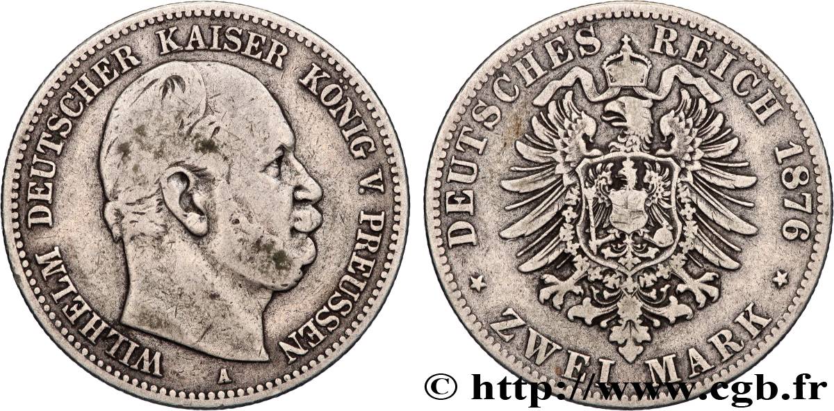 GERMANY - PRUSSIA 2 Mark Guillaume Ier 1876 Berlin VF 